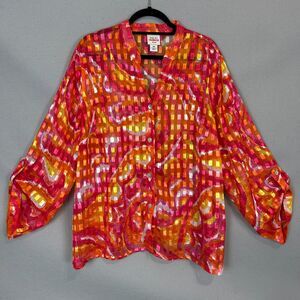 Ruby Rd Favorites 18W Sheer Blouse Pink Orange Boho Button Plus Top Summer